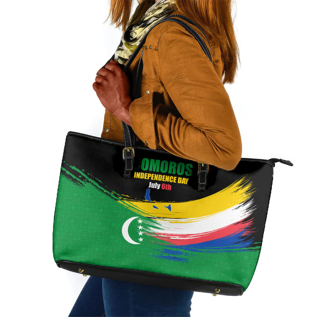 Comoros Independence Day Leather Tote Bag Comorian Flag Brush Stroke National Pride Graphic