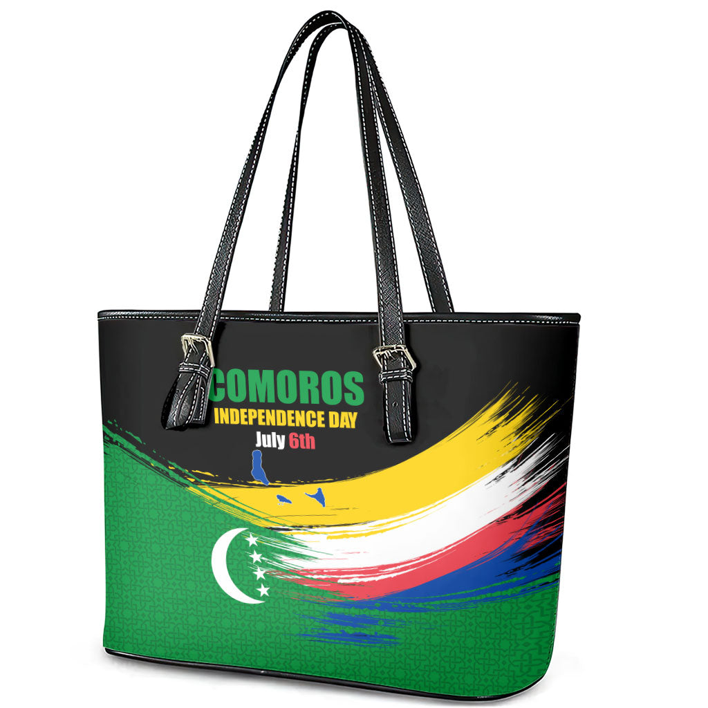 Comoros Independence Day Leather Tote Bag Comorian Flag Brush Stroke National Pride Graphic