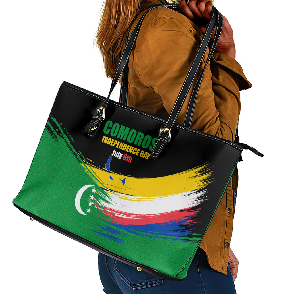 Comoros Independence Day Leather Tote Bag Comorian Flag Brush Stroke National Pride Graphic