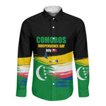 Comoros Independence Day Long Sleeve Button Shirt Comorian Flag Brush Stroke National Pride Graphic