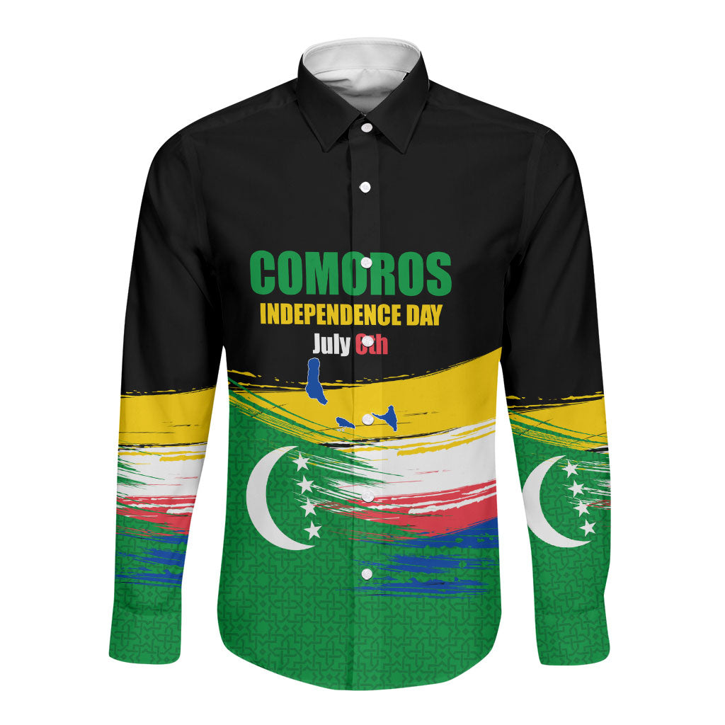 Comoros Independence Day Long Sleeve Button Shirt Comorian Flag Brush Stroke National Pride Graphic