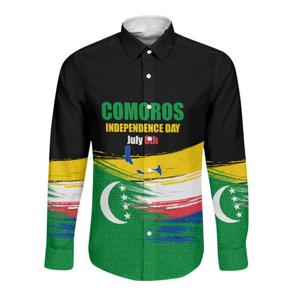 Comoros Independence Day Long Sleeve Button Shirt Comorian Flag Brush Stroke National Pride Graphic