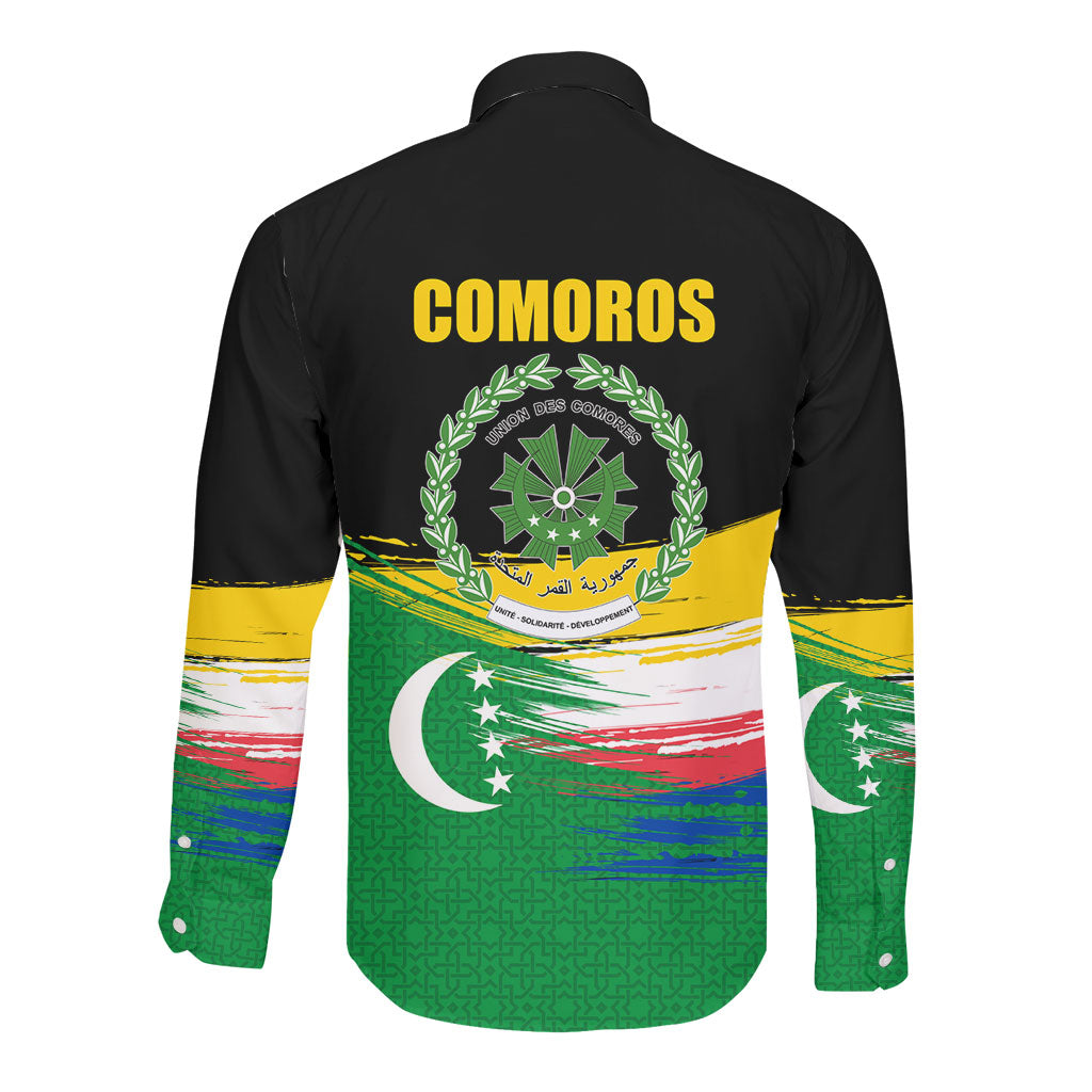 Comoros Independence Day Long Sleeve Button Shirt Comorian Flag Brush Stroke National Pride Graphic