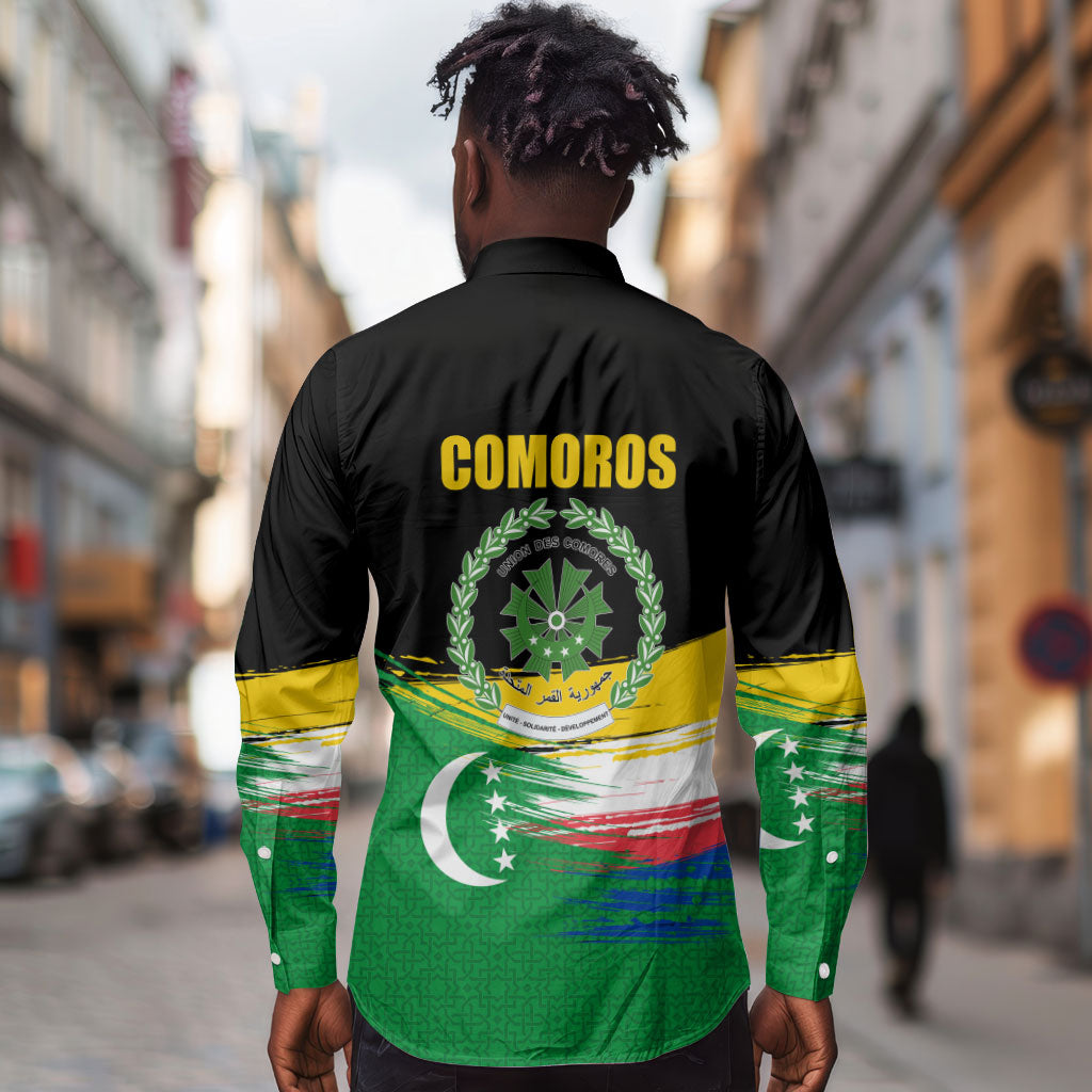 Comoros Independence Day Long Sleeve Button Shirt Comorian Flag Brush Stroke National Pride Graphic