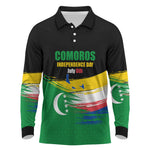 Comoros Independence Day Long Sleeve Polo Shirt Comorian Flag Brush Stroke National Pride Graphic