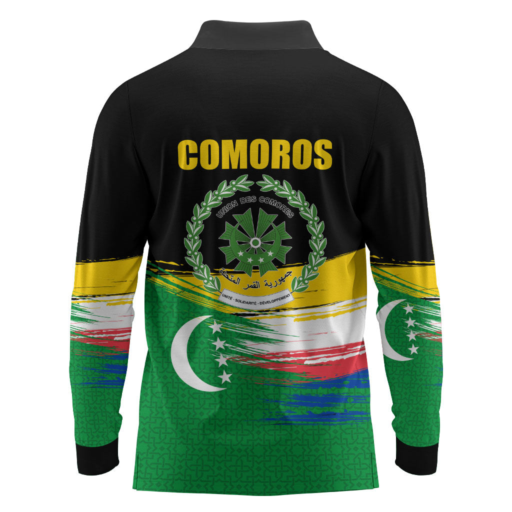 Comoros Independence Day Long Sleeve Polo Shirt Comorian Flag Brush Stroke National Pride Graphic