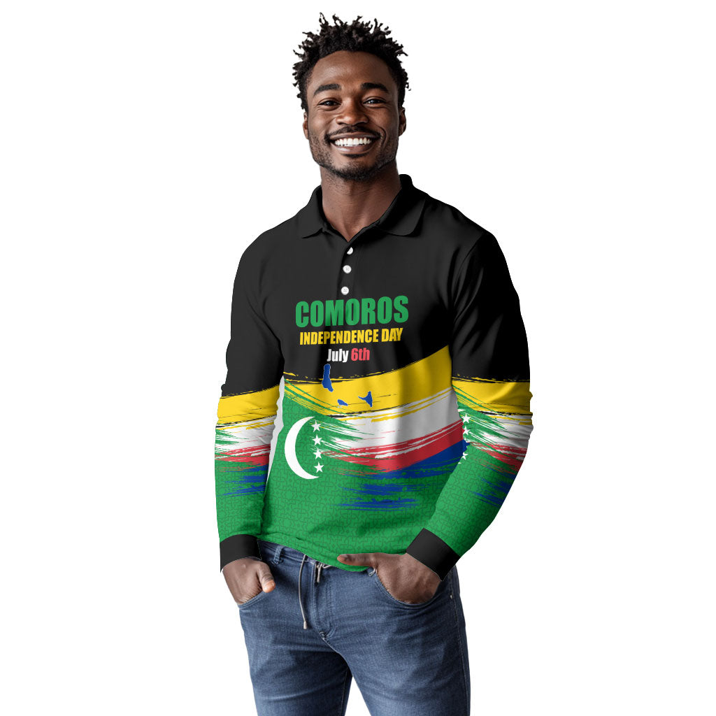 Comoros Independence Day Long Sleeve Polo Shirt Comorian Flag Brush Stroke National Pride Graphic