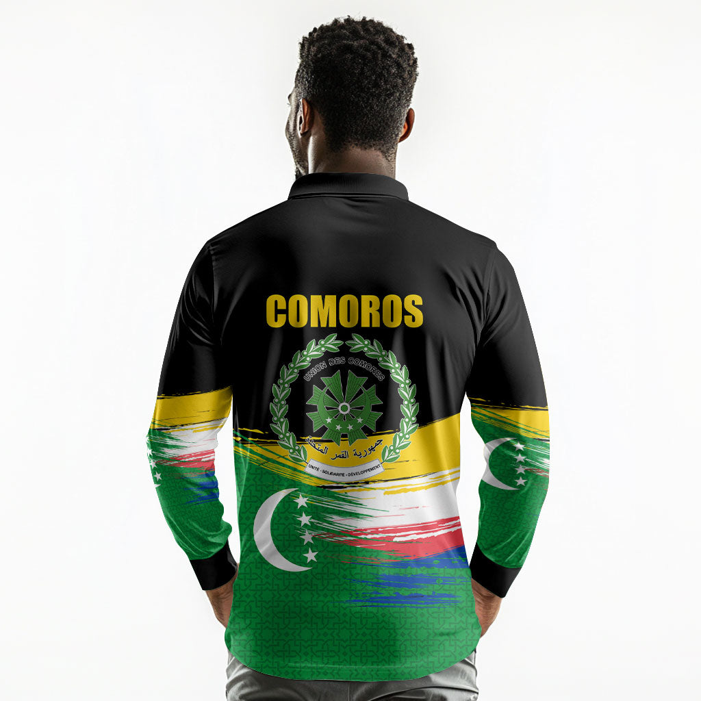 Comoros Independence Day Long Sleeve Polo Shirt Comorian Flag Brush Stroke National Pride Graphic