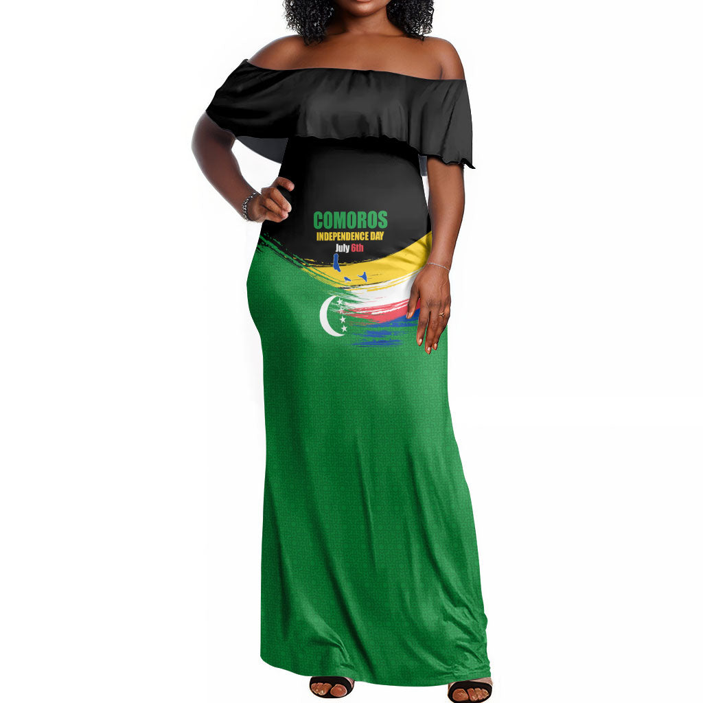 Comoros Independence Day Off Shoulder Maxi Dress Comorian Flag Brush Stroke National Pride Graphic