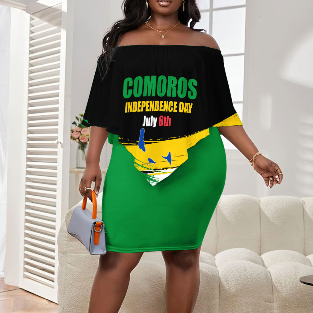 Comoros Independence Day Off Shoulder Short Dress Comorian Flag Brush Stroke National Pride Graphic