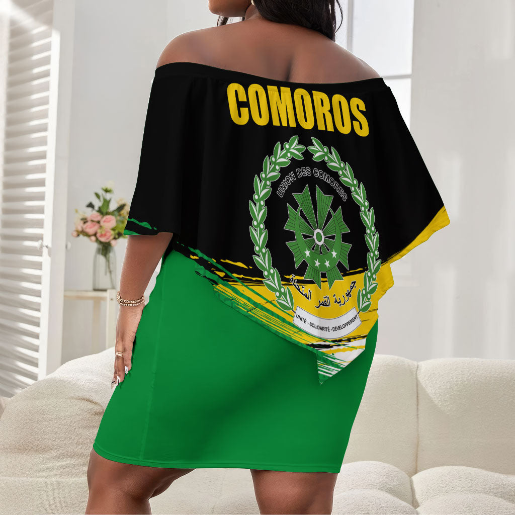 Comoros Independence Day Off Shoulder Short Dress Comorian Flag Brush Stroke National Pride Graphic