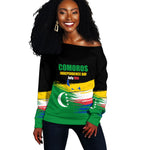 Comoros Independence Day Off Shoulder Sweater Comorian Flag Brush Stroke National Pride Graphic