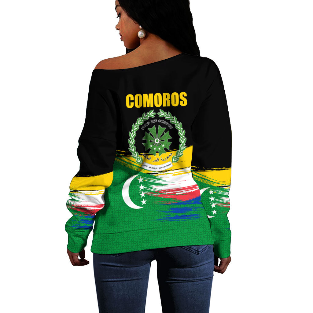 Comoros Independence Day Off Shoulder Sweater Comorian Flag Brush Stroke National Pride Graphic