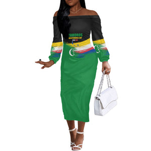 Comoros Independence Day Off The Shoulder Long Sleeve Dress Comorian Flag Brush Stroke National Pride Graphic