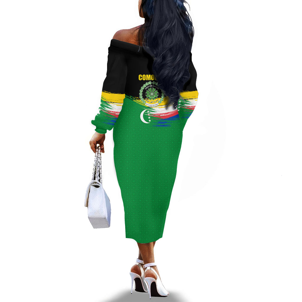 Comoros Independence Day Off The Shoulder Long Sleeve Dress Comorian Flag Brush Stroke National Pride Graphic