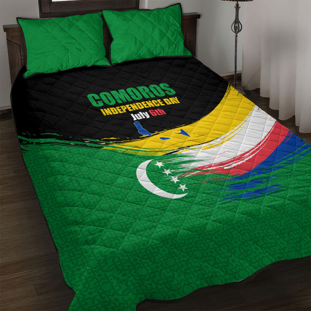 Comoros Independence Day Quilt Bed Set Comorian Flag Brush Stroke National Pride Graphic