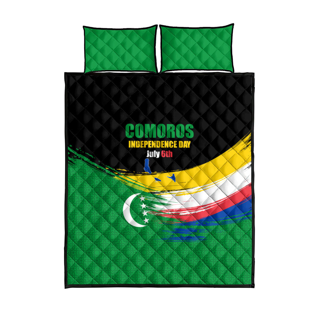 Comoros Independence Day Quilt Bed Set Comorian Flag Brush Stroke National Pride Graphic