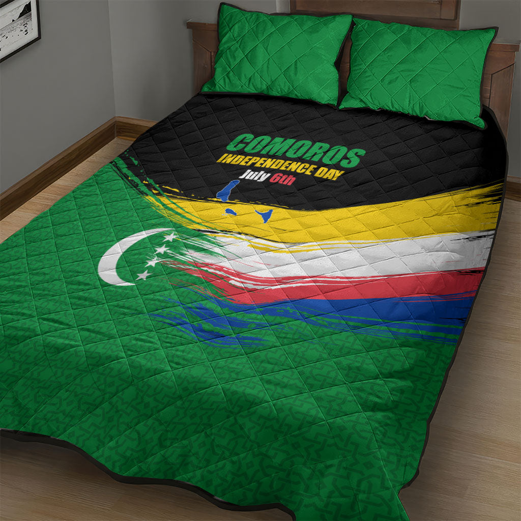 Comoros Independence Day Quilt Bed Set Comorian Flag Brush Stroke National Pride Graphic