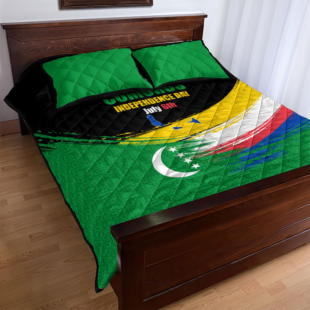 Comoros Independence Day Quilt Bed Set Comorian Flag Brush Stroke National Pride Graphic