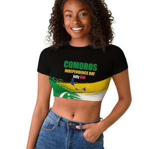 Comoros Independence Day Raglan Cropped T shirt Comorian Flag Brush Stroke National Pride Graphic