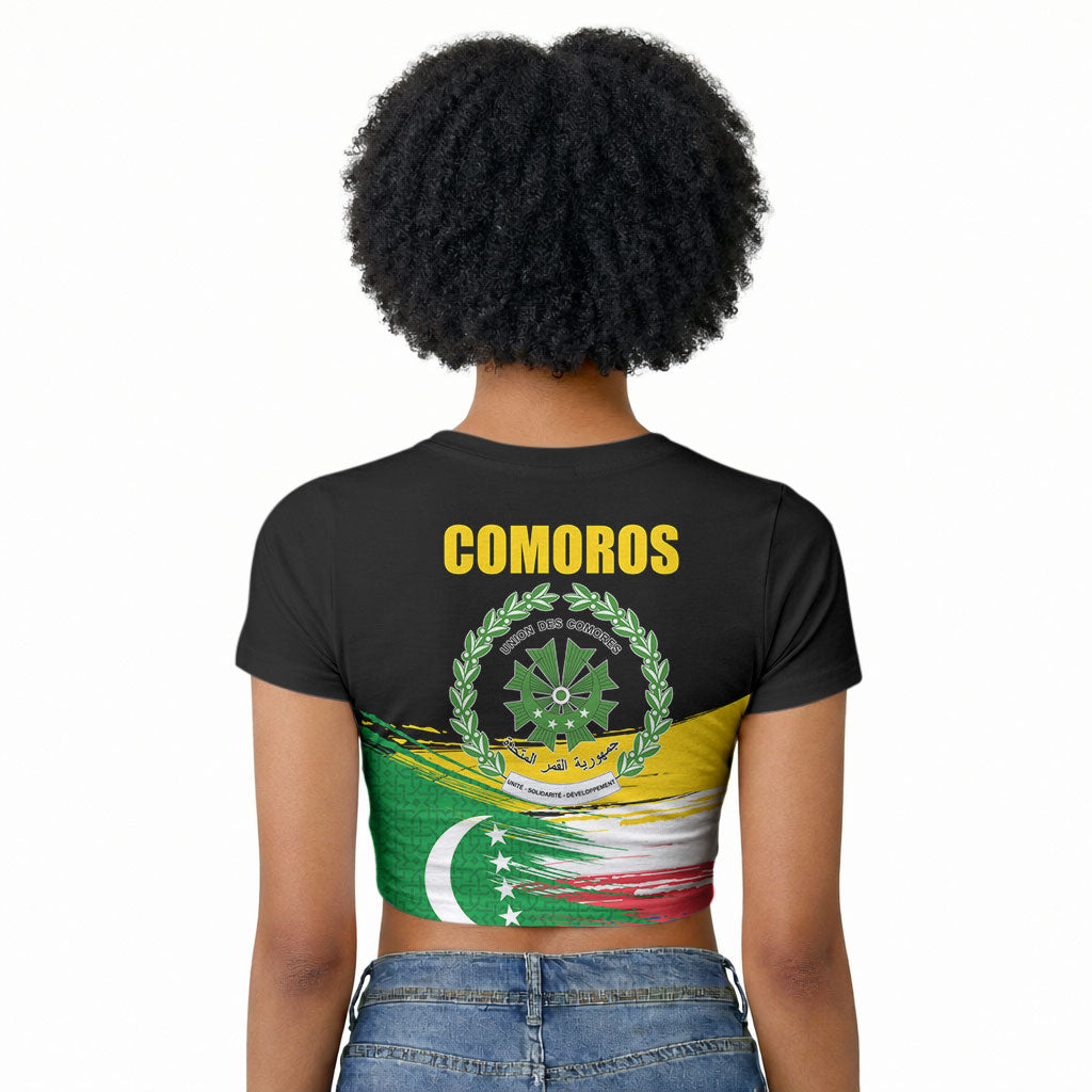 Comoros Independence Day Raglan Cropped T shirt Comorian Flag Brush Stroke National Pride Graphic