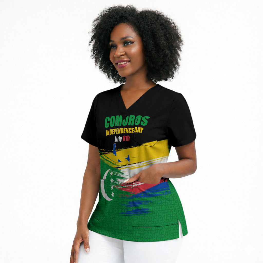 Comoros Independence Day Scrub Top Comorian Flag Brush Stroke National Pride Graphic