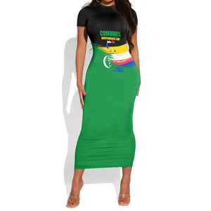 Comoros Independence Day Short Sleeve Bodycon Dress Comorian Flag Brush Stroke National Pride Graphic