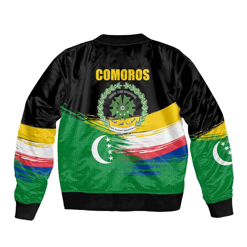 Comoros Independence Day Sleeve Zip Bomber Jacket Comorian Flag Brush Stroke National Pride Graphic