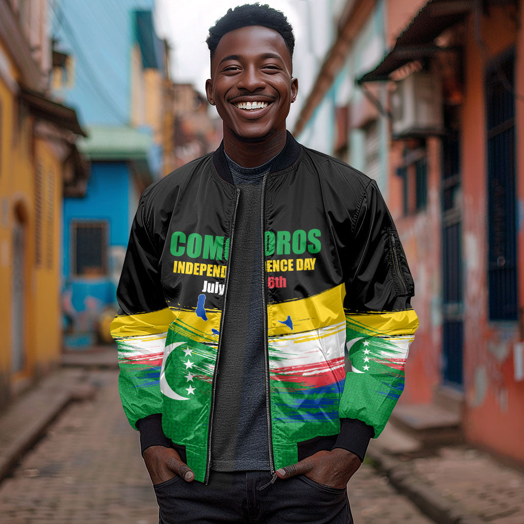 Comoros Independence Day Sleeve Zip Bomber Jacket Comorian Flag Brush Stroke National Pride Graphic