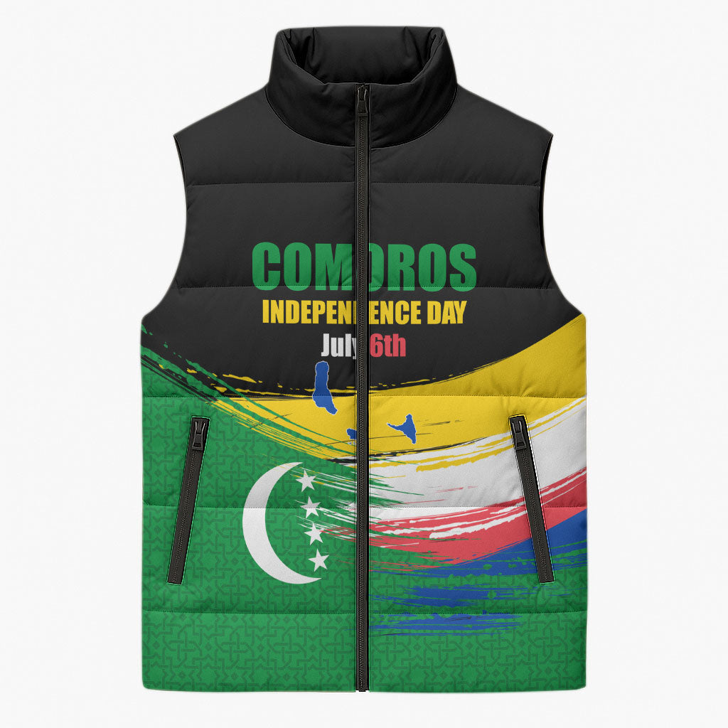 Comoros Independence Day Sleeveless Puffer Jacket Comorian Flag Brush Stroke National Pride Graphic