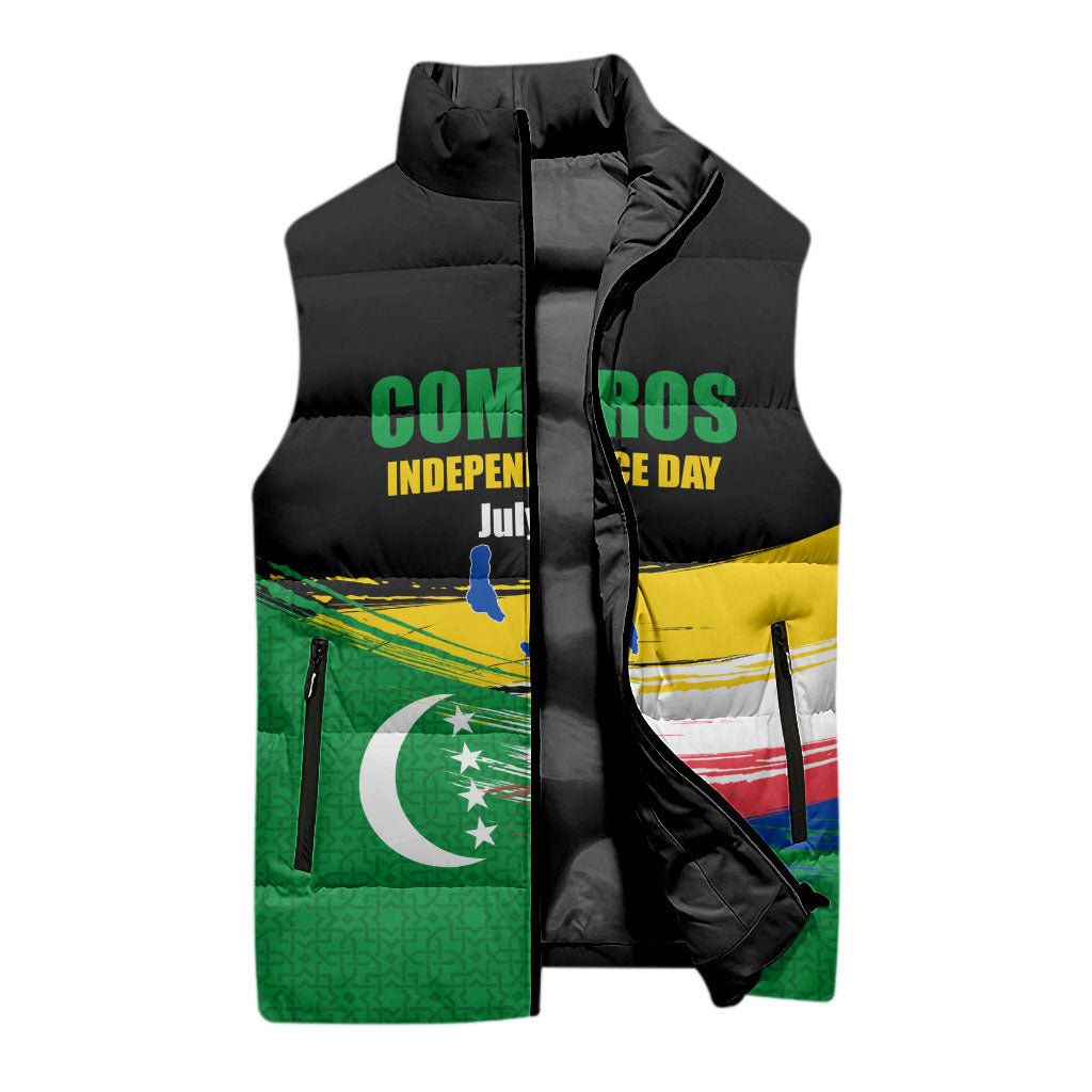Comoros Independence Day Sleeveless Puffer Jacket Comorian Flag Brush Stroke National Pride Graphic