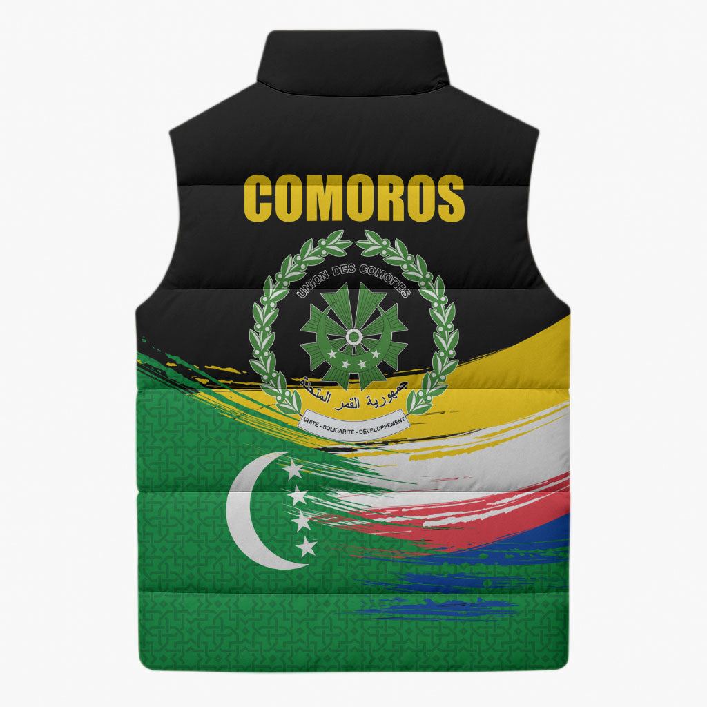 Comoros Independence Day Sleeveless Puffer Jacket Comorian Flag Brush Stroke National Pride Graphic