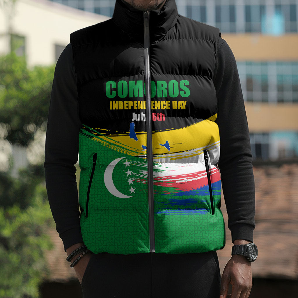 Comoros Independence Day Sleeveless Puffer Jacket Comorian Flag Brush Stroke National Pride Graphic