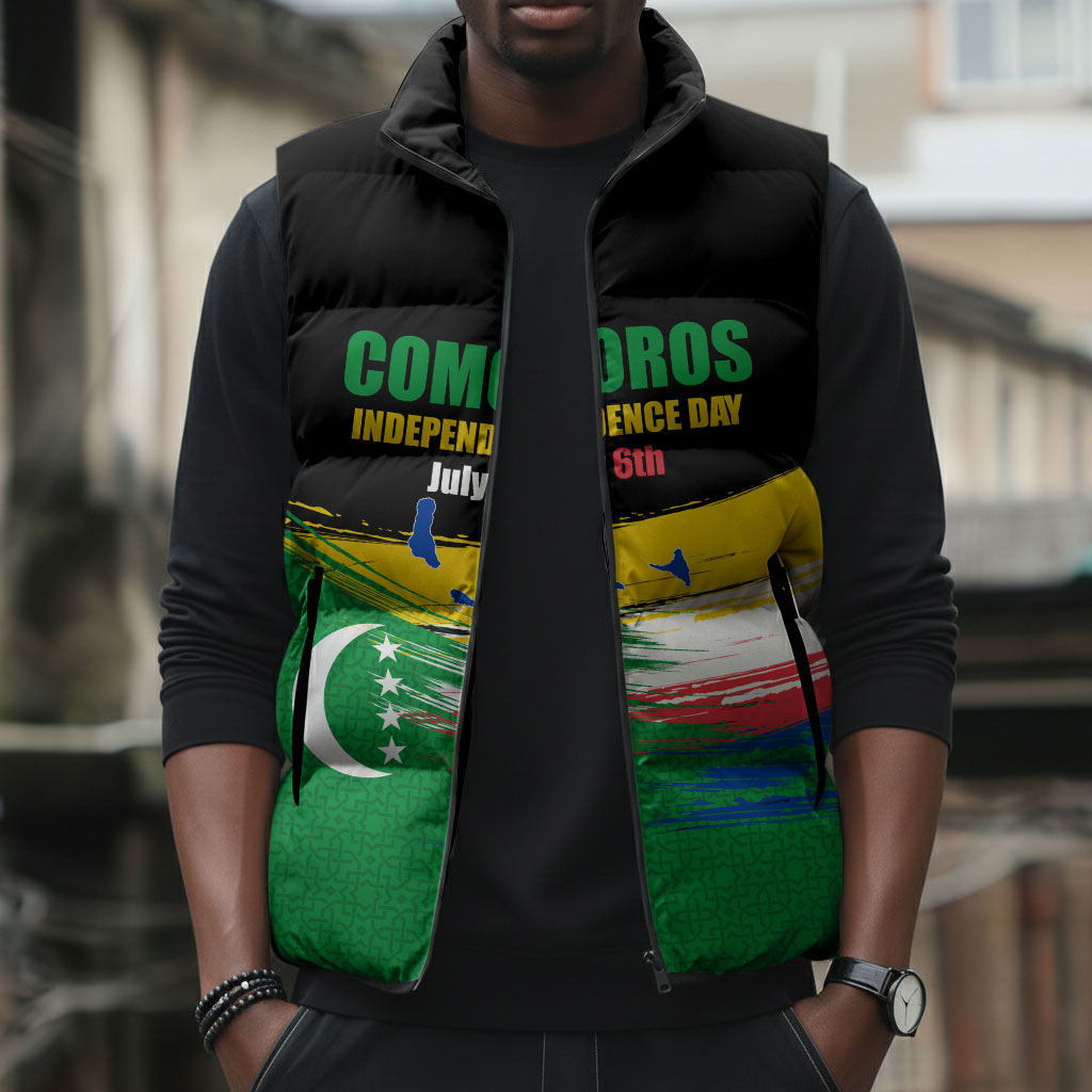 Comoros Independence Day Sleeveless Puffer Jacket Comorian Flag Brush Stroke National Pride Graphic