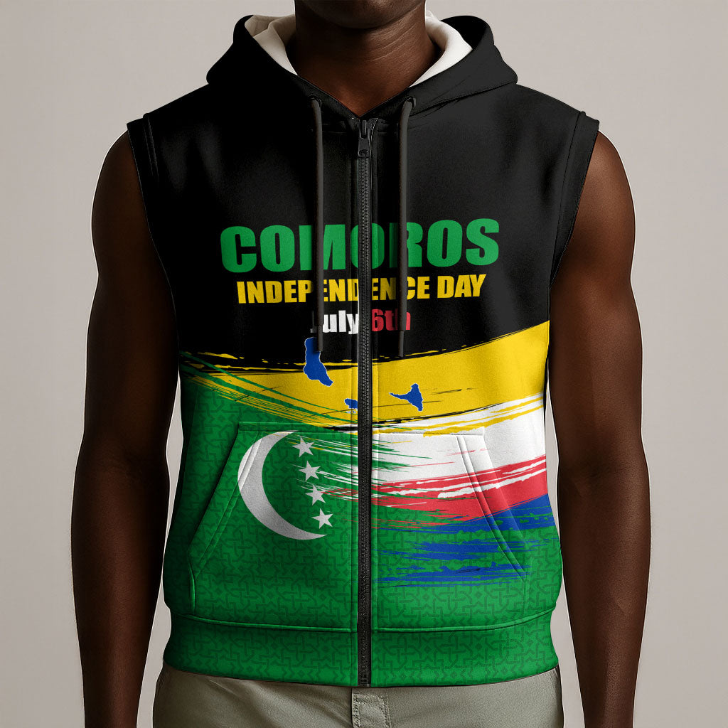 Comoros Independence Day Sleeveless Zip Hoodie Comorian Flag Brush Stroke National Pride Graphic