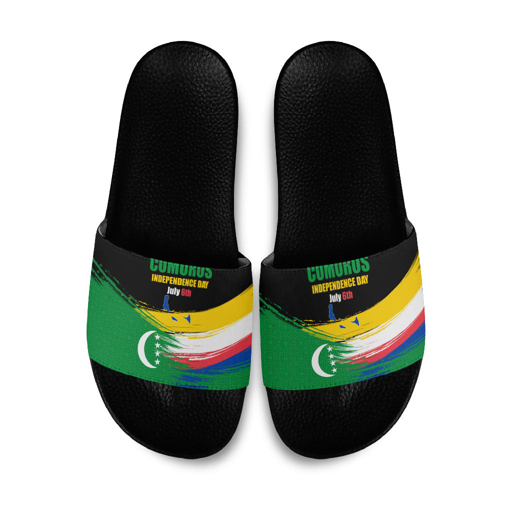 Comoros Independence Day Slide Sandals Comorian Flag Brush Stroke National Pride Graphic