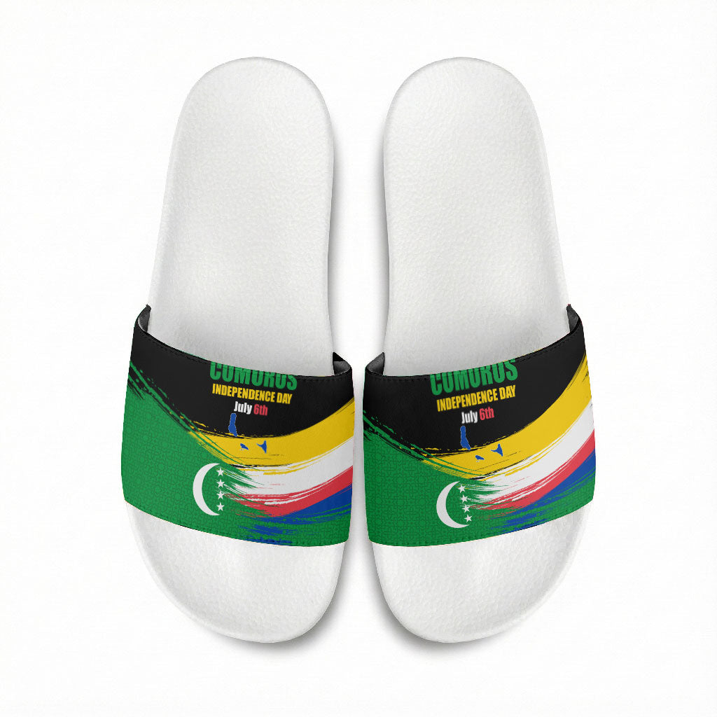 Comoros Independence Day Slide Sandals Comorian Flag Brush Stroke National Pride Graphic
