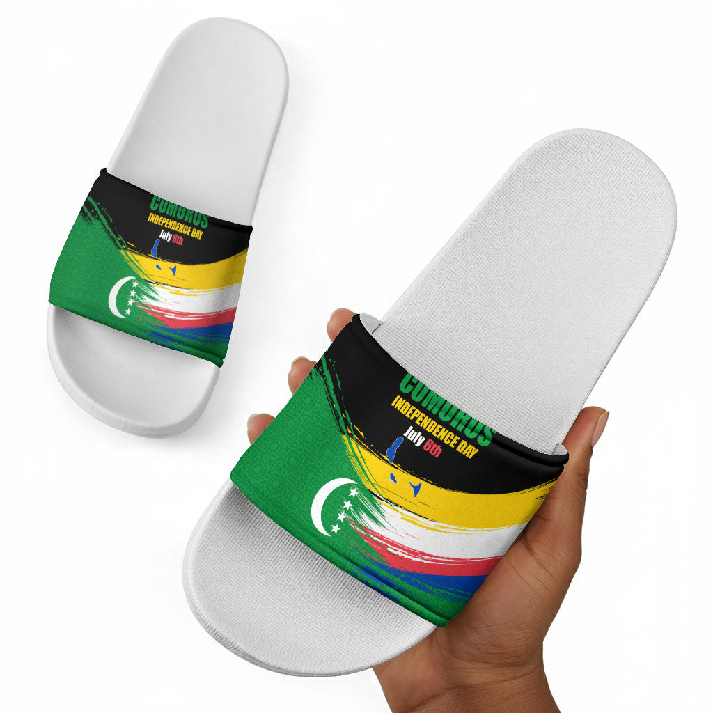 Comoros Independence Day Slide Sandals Comorian Flag Brush Stroke National Pride Graphic