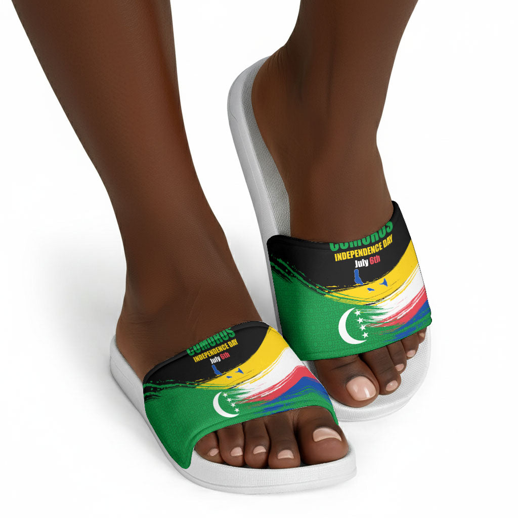 Comoros Independence Day Slide Sandals Comorian Flag Brush Stroke National Pride Graphic