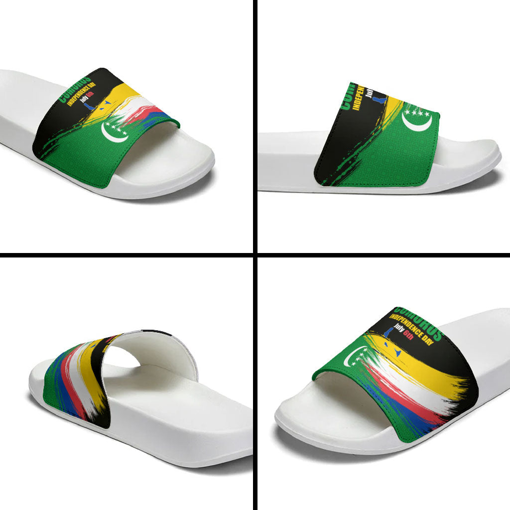 Comoros Independence Day Slide Sandals Comorian Flag Brush Stroke National Pride Graphic