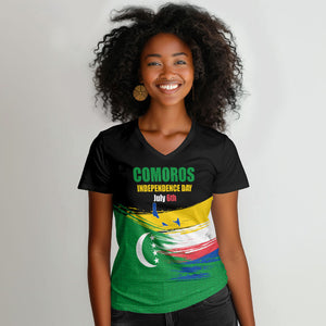 Comoros Independence Day Women V-Neck T-Shirt Comorian Flag Brush Stroke National Pride Graphic