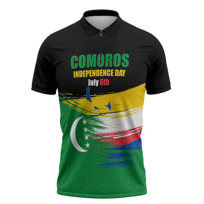 Comoros Independence Day Zipper Polo Shirt Comorian Flag Brush Stroke National Pride Graphic