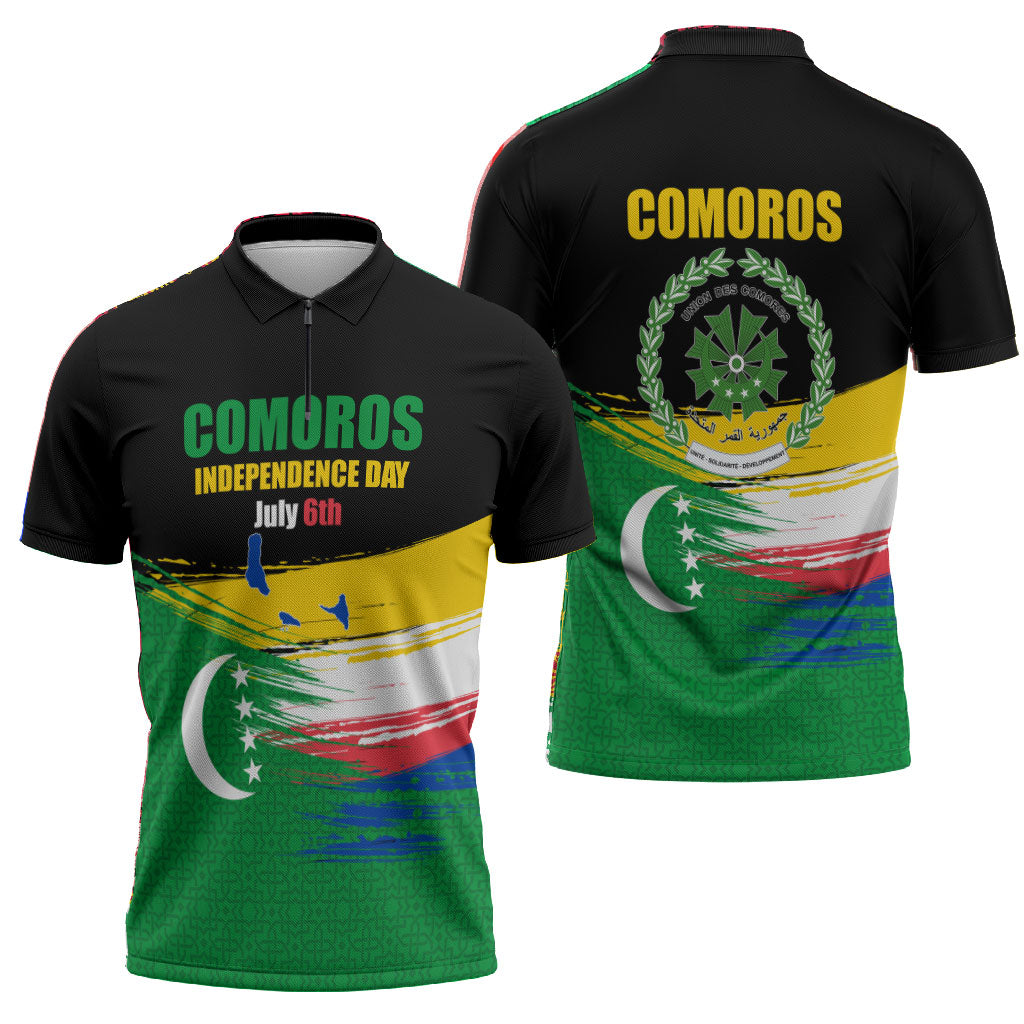 Comoros Independence Day Zipper Polo Shirt Comorian Flag Brush Stroke National Pride Graphic