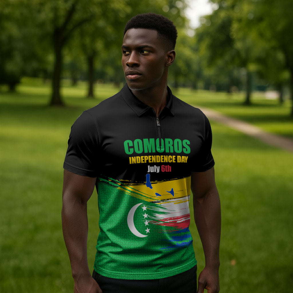 Comoros Independence Day Zipper Polo Shirt Comorian Flag Brush Stroke National Pride Graphic