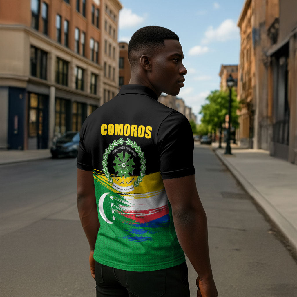 Comoros Independence Day Zipper Polo Shirt Comorian Flag Brush Stroke National Pride Graphic