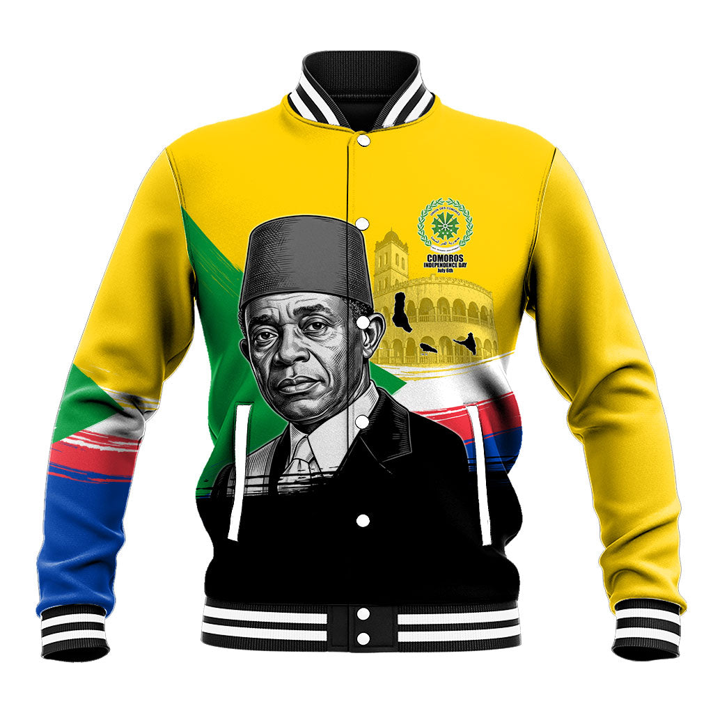 Personalized Comoros Independence Day Baseball Jacket Ahmed Abdallah Vintage Portrait Sketch