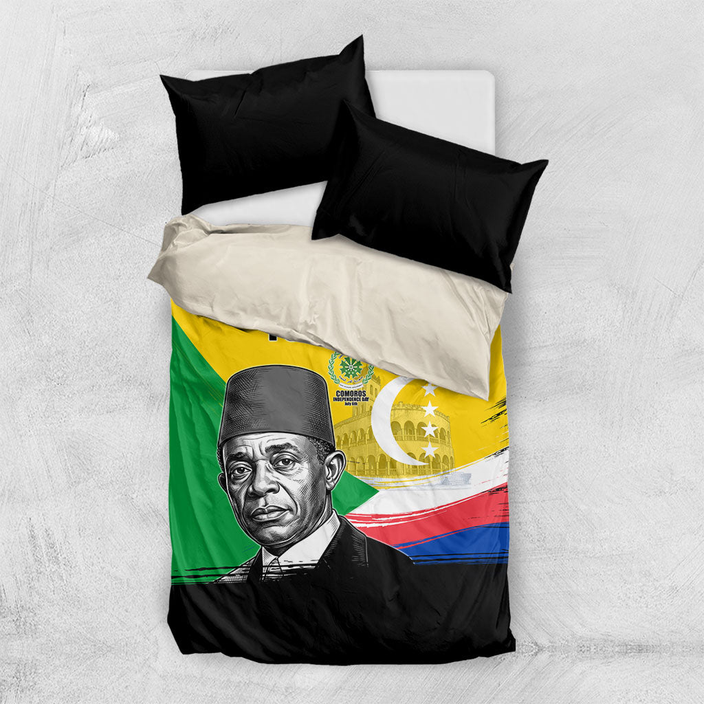 Personalized Comoros Independence Day Bedding Set Ahmed Abdallah Vintage Portrait Sketch