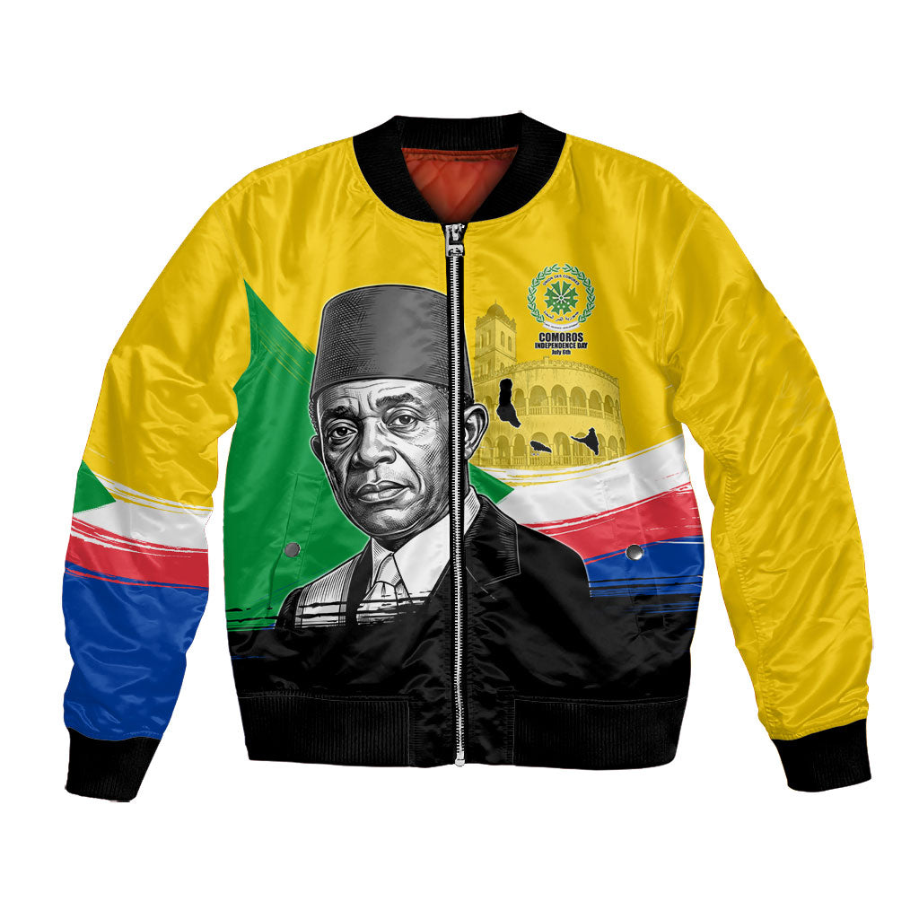 Personalized Comoros Independence Day Bomber Jacket Ahmed Abdallah Vintage Portrait Sketch