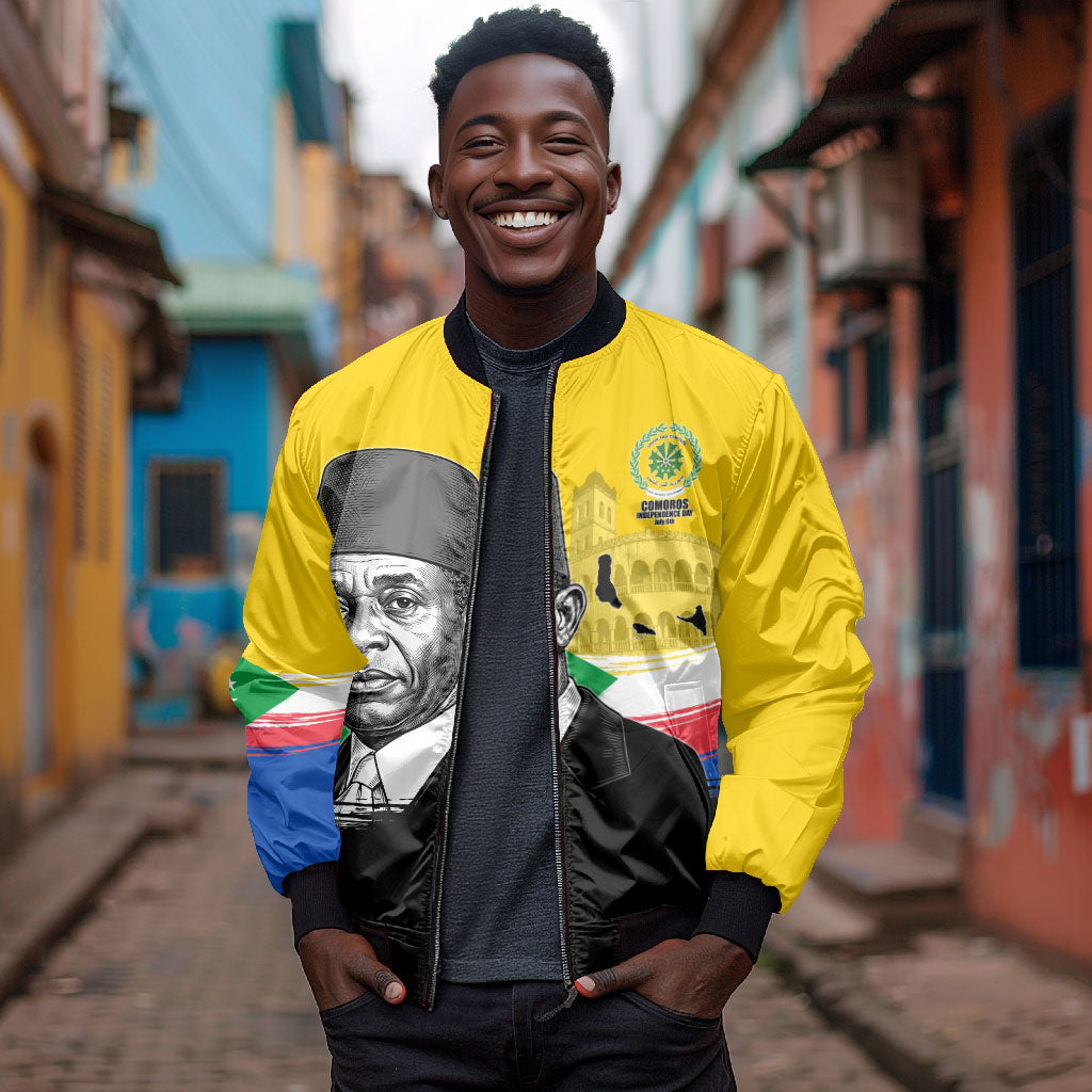 Personalized Comoros Independence Day Bomber Jacket Ahmed Abdallah Vintage Portrait Sketch