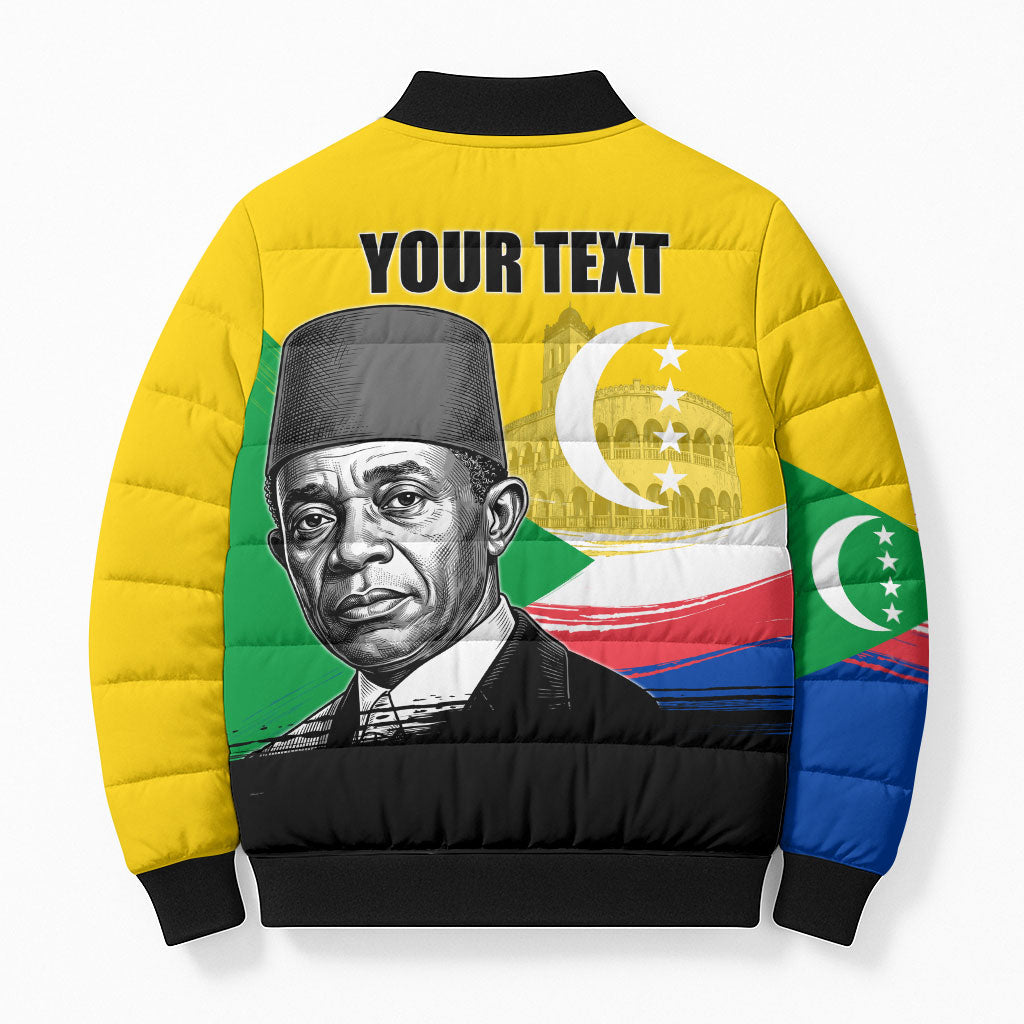 Personalized Comoros Independence Day Bomber Puffer Jacket Ahmed Abdallah Vintage Portrait Sketch